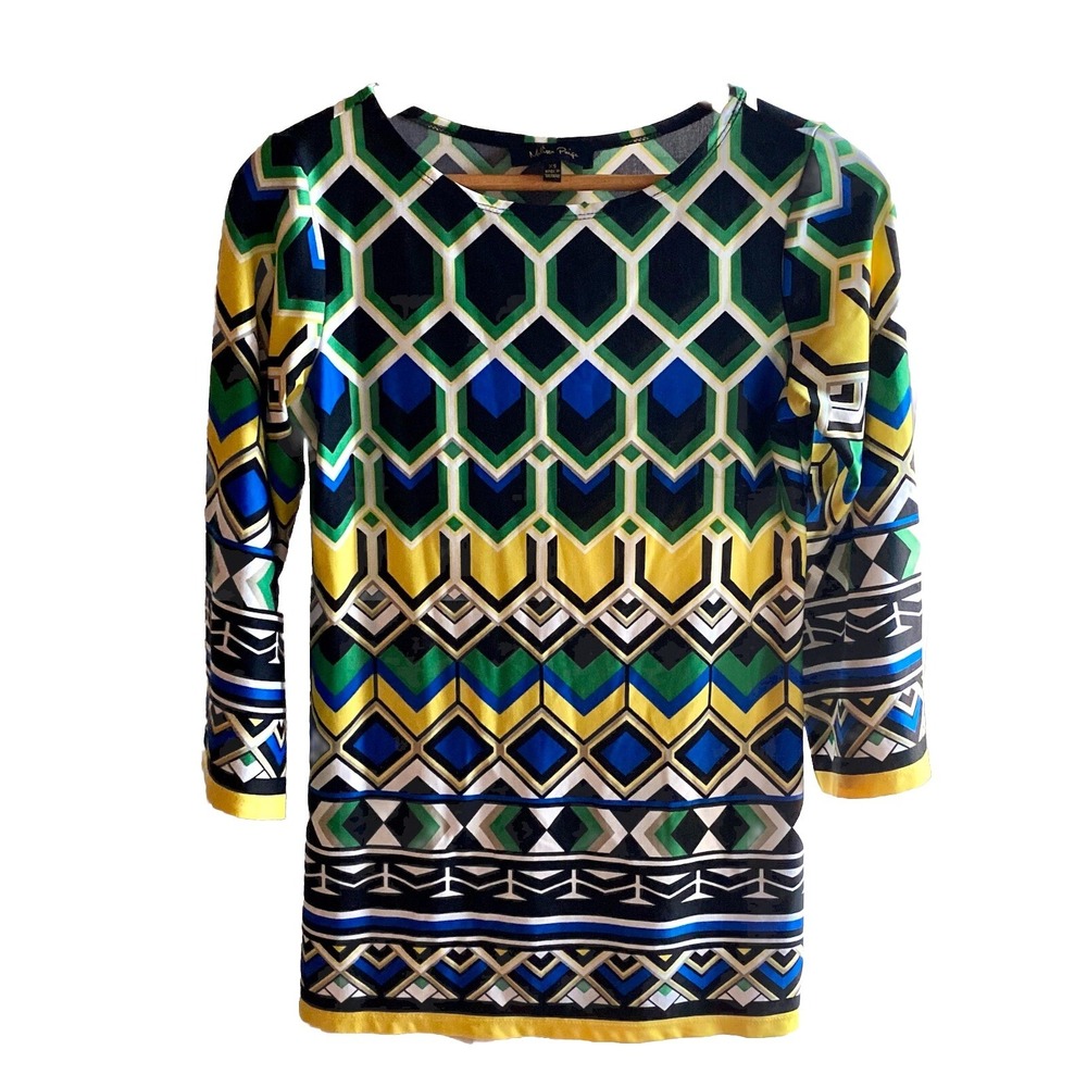 Jewel tone Top XS 3/4 Sl Melissa Paige tunic 70s Vibe Geometric Retro 70s Vibe